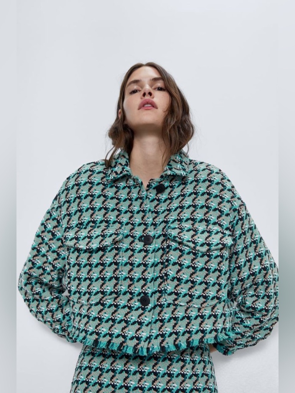 ZARA Textured Houndstooth Tweed 2 Piece Coord Matching Set Jacket Skirt Chanel 💚 - Picture 7 of 16